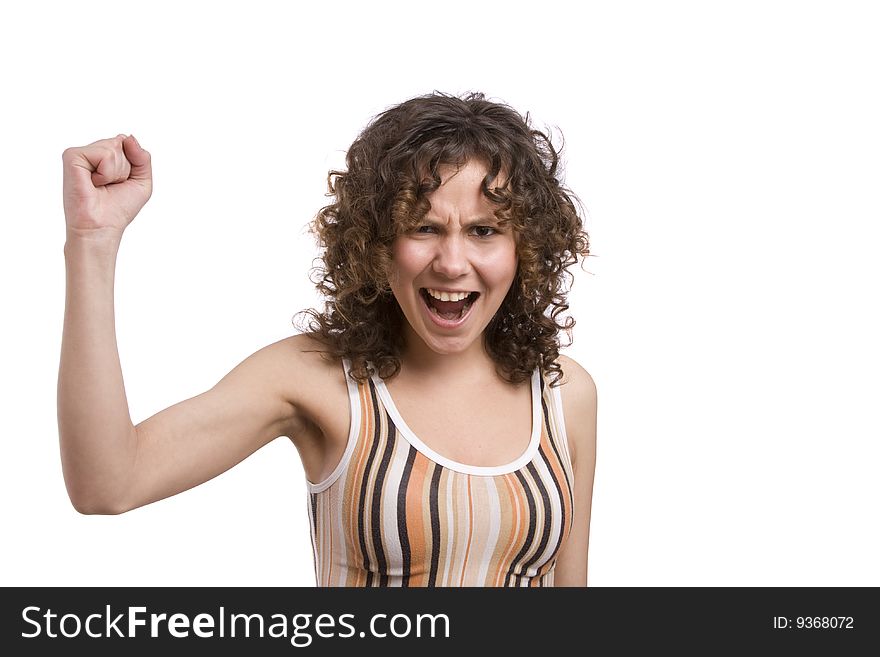 A woman screaming with crazy expression. Young angry woman. Stress and frustration. Isolated over white background. A woman screaming with crazy expression. Young angry woman. Stress and frustration. Isolated over white background.