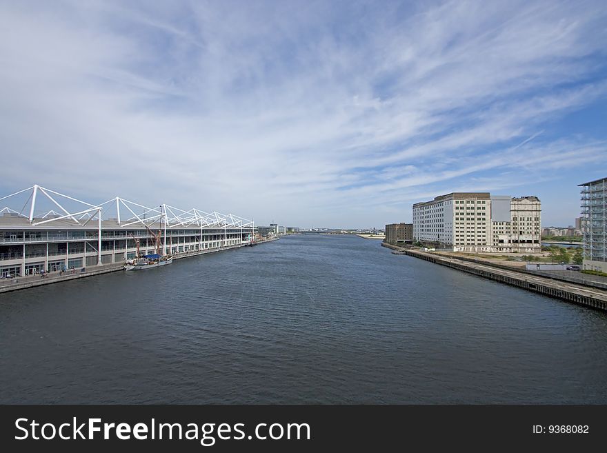 View from the royal albert dock bridge towards london city airport. View from the royal albert dock bridge towards london city airport