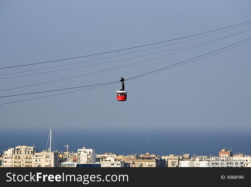 The red cable car in Barcelona going between Montjuic and Barceloneta