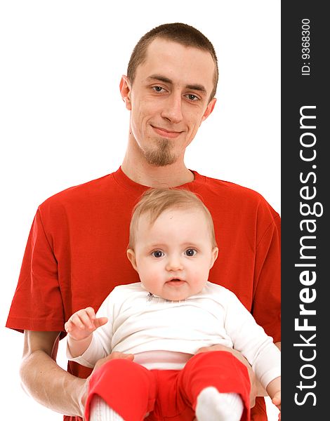 Men and his baby on white background. Men and his baby on white background