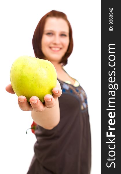 Woman eating vegetables on white background