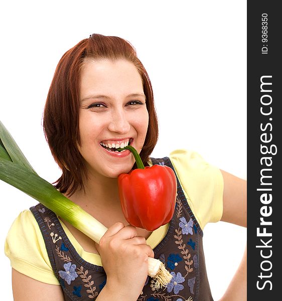 Woman eating vegetables on white background