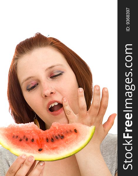Woman eating water melon on white  background