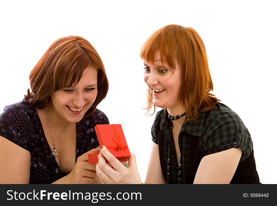 Friends with present on white background