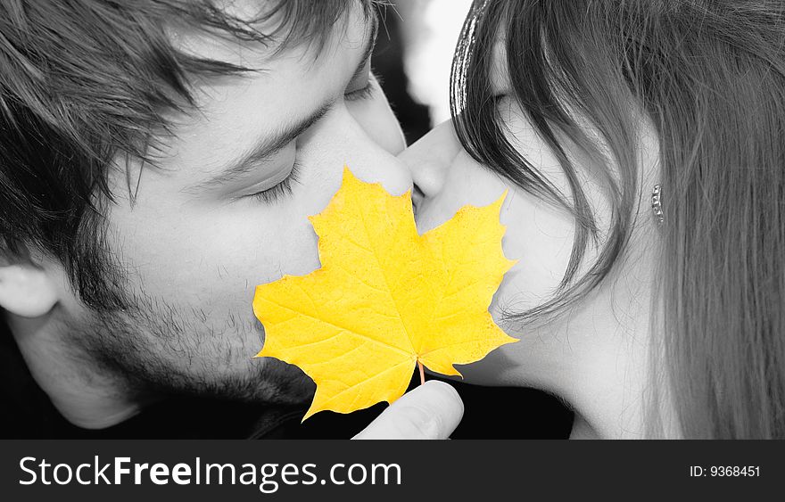 Happy couple kissing, yellow leaf between