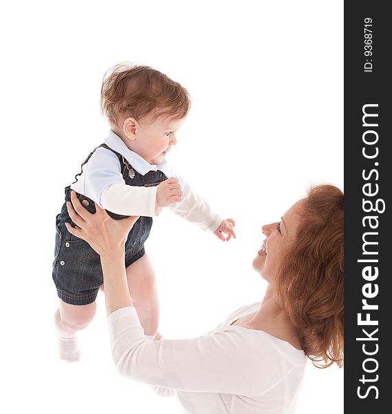 Portrait of happy mother with joyful baby boy isolated on white