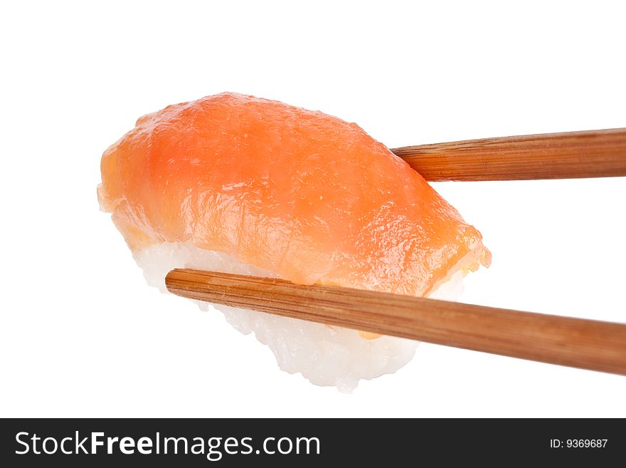 Sushi with chopsticks on a white background