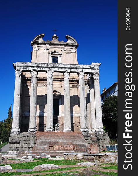 The temple was begun in 141 by the Emperor Antoninus Pius, and was intitially dedicated to his deceased and deified wife, Faustina the Elder. The temple was converted to a church, known as San Lorenzo in Miranda, perhaps as early as the seventh century. Christianization has accounted for the survival of the cella and portico of the temple, though the marble cladding of the cella has been scavenged. The temple was begun in 141 by the Emperor Antoninus Pius, and was intitially dedicated to his deceased and deified wife, Faustina the Elder. The temple was converted to a church, known as San Lorenzo in Miranda, perhaps as early as the seventh century. Christianization has accounted for the survival of the cella and portico of the temple, though the marble cladding of the cella has been scavenged.