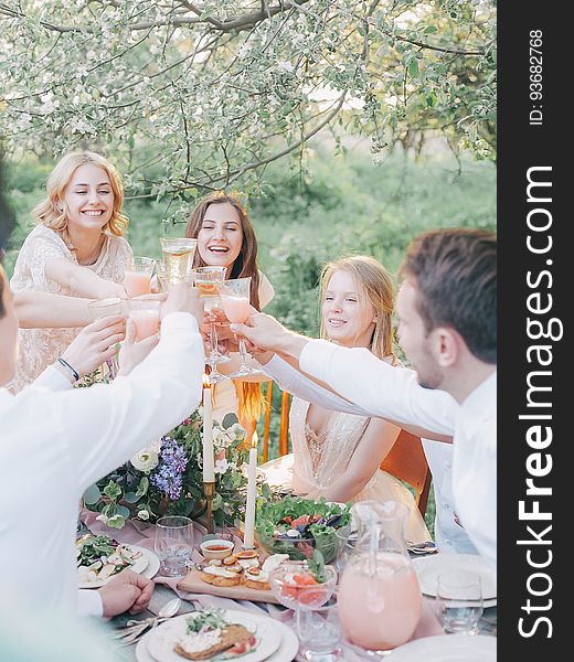 Friends toasting over laden table at formal outdoor picnic on sunny day. Friends toasting over laden table at formal outdoor picnic on sunny day.