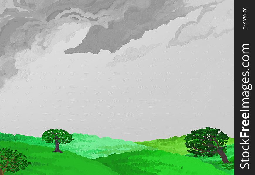 Rainy day in the countryside, painted style illustration. Rainy day in the countryside, painted style illustration.