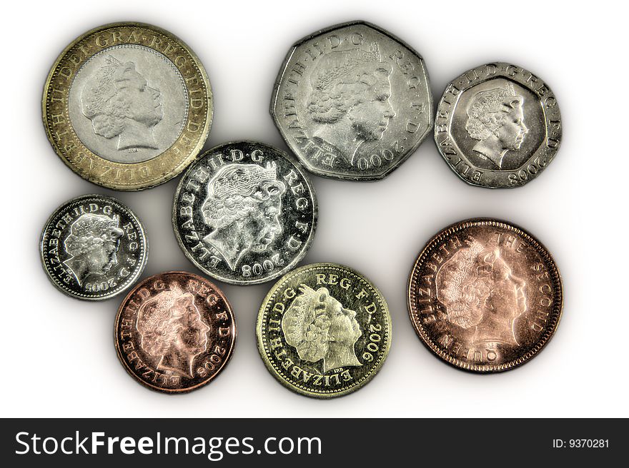 Pound coins on a white background