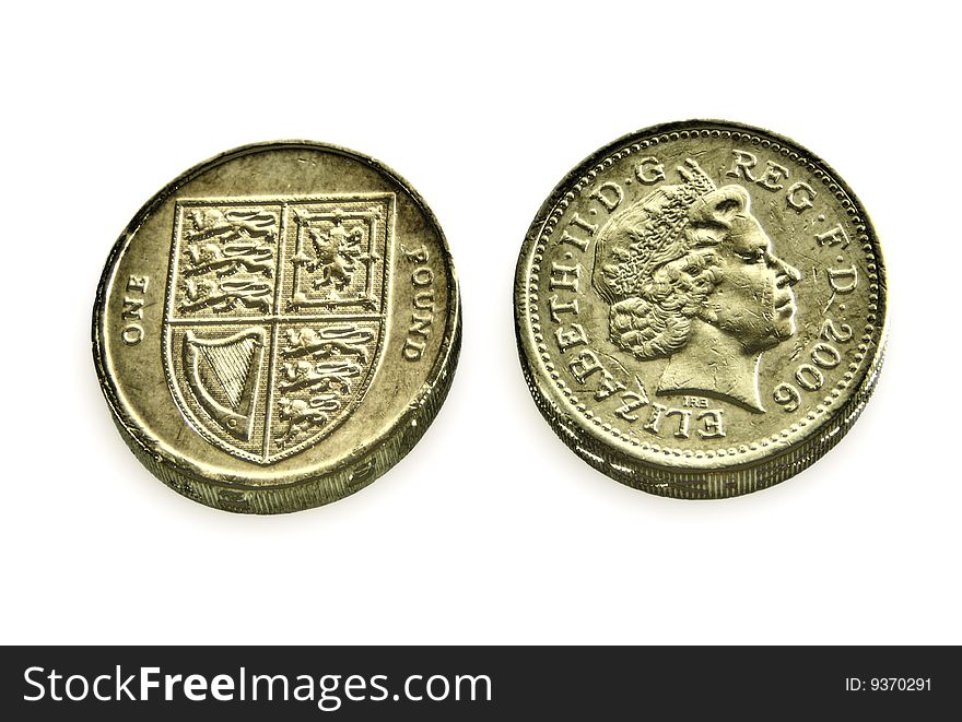 Pound coins on a white background