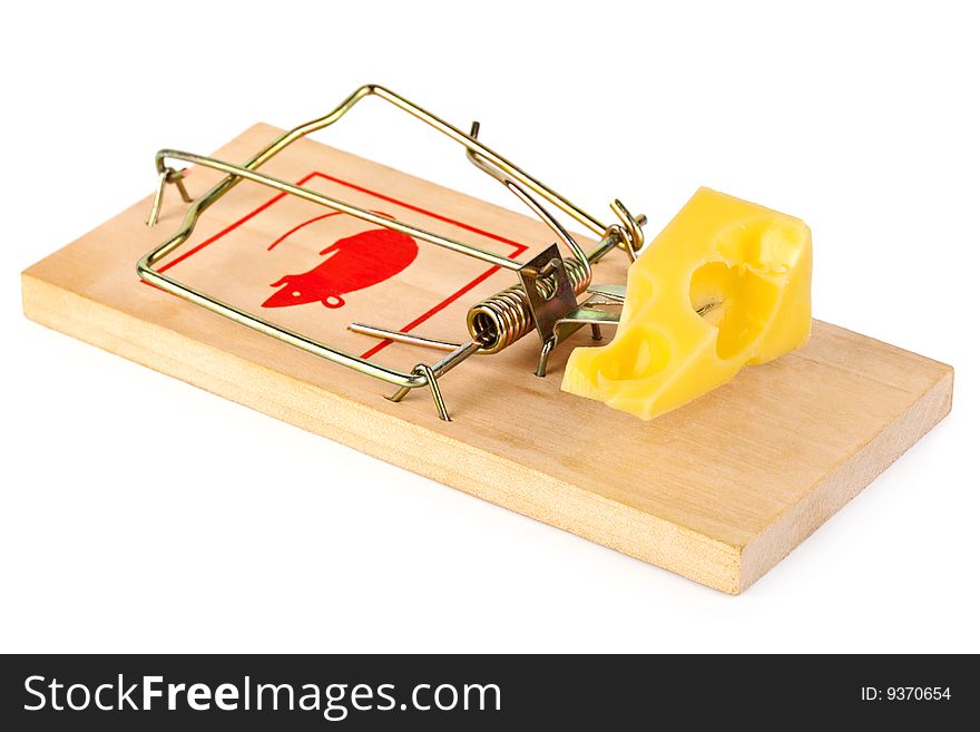 Mousetrap and cheese isolated on white background