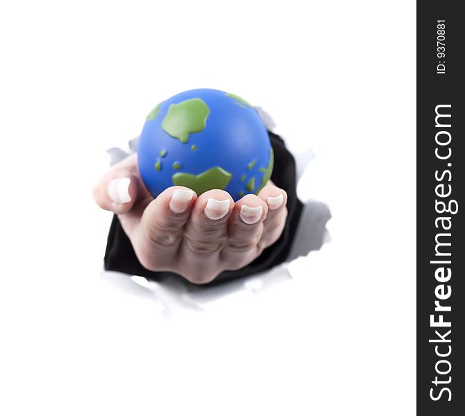 Woman hand holding planet earth globe - white background