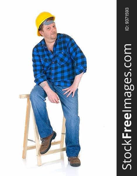 Carpenter, white background, reflective surface, studio shot. Carpenter, white background, reflective surface, studio shot