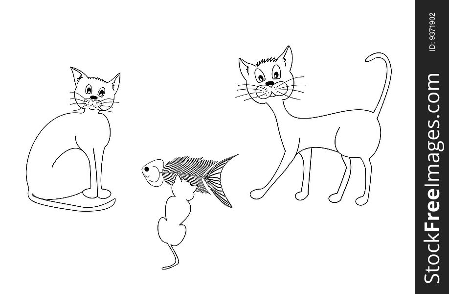 Drawing depicting three cats, one seated, one standing and one who eats a fish