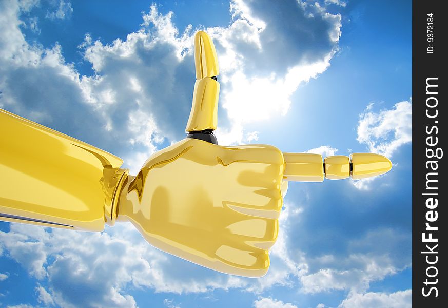 Pointing 3d gold robotic hand. Including clipping path.