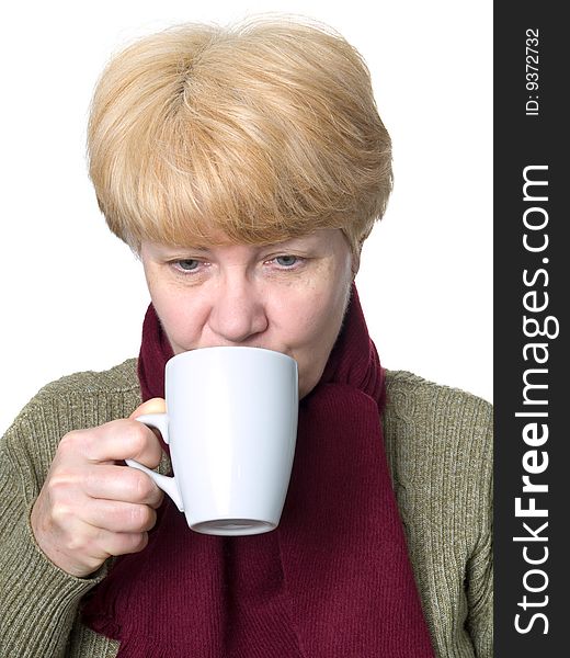 Female with coffee cup isolated on white background.