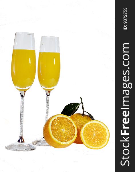 Orange juice and orange on the white background