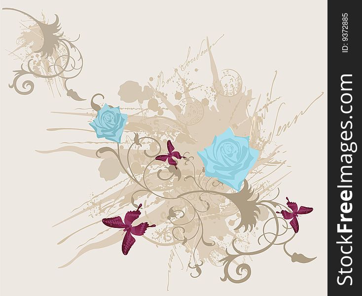 Illustration of roses and butterflies on a grungy background