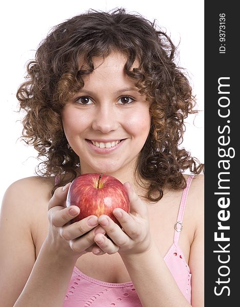 Young woman hold apple  in hand.  Young smiling girl with apples. Isolated over white. Young woman hold apple  in hand.  Young smiling girl with apples. Isolated over white.