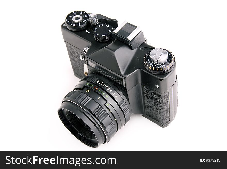 Old slr camera on a white background