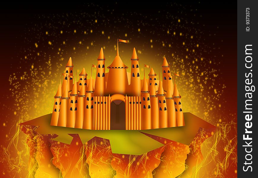 Fantastic castle surrounded by the fire of a volcano. Fantastic castle surrounded by the fire of a volcano