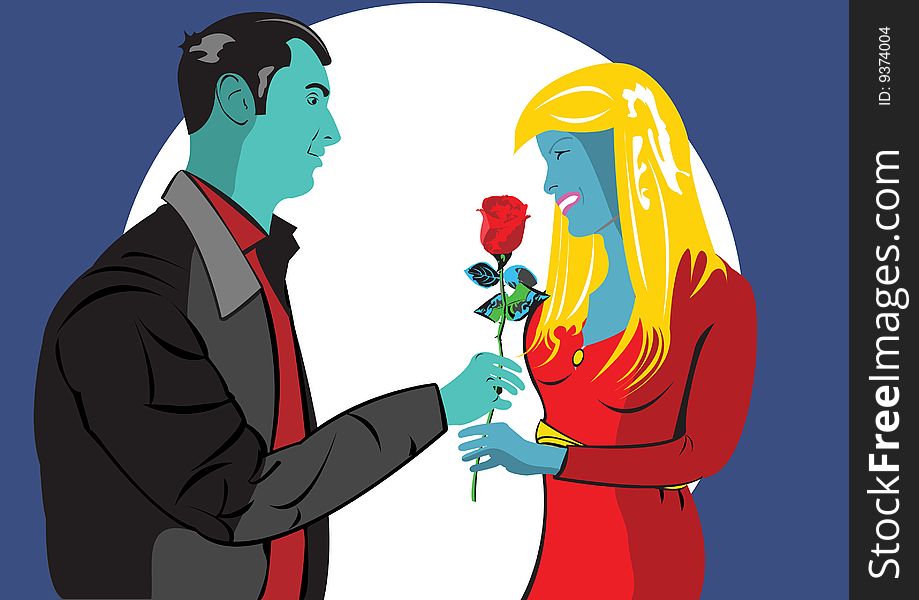 Vector illustration of a young man giving a rose to his girlfriend. Vector illustration of a young man giving a rose to his girlfriend