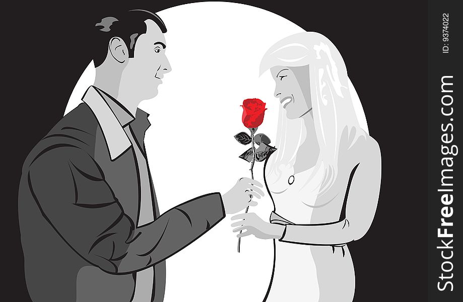 Vector illustration of a young couple, young man is giving a rose to his girlfriend. Vector illustration of a young couple, young man is giving a rose to his girlfriend