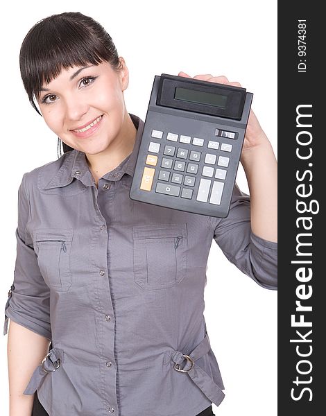 Young businesswoman with calculator . over white background