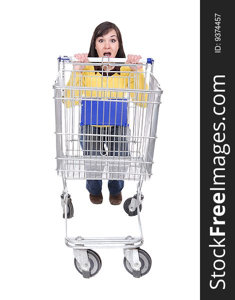 Brunette woman with shopping cart. over white background