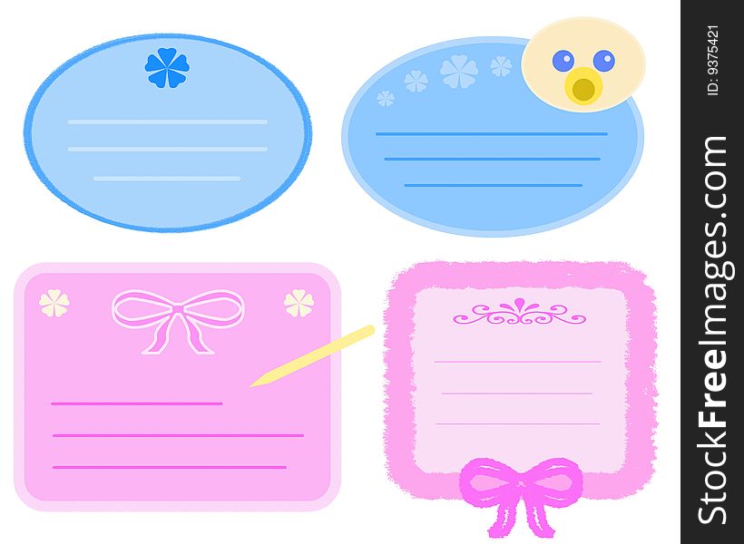 Four cute baby tags, blue and pink. Digital drawing. Coloured picture.