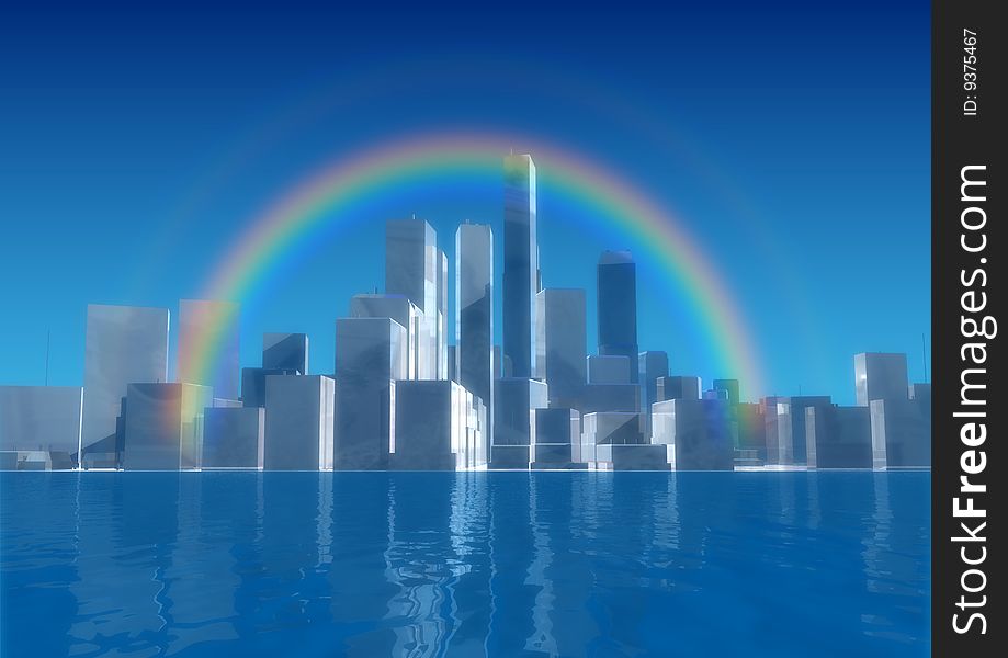 Illustration,a rainbow on city background.