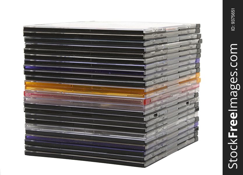 Stack of slim CD/DVD case isolated on white. Stack of slim CD/DVD case isolated on white