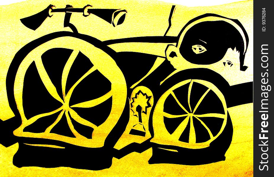 Original screen print of a kid behind a bicycle. Original screen print of a kid behind a bicycle