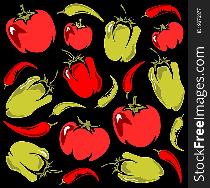 Cartoon tomatoes, pepper and paprika silhouettes on a black background. Cartoon tomatoes, pepper and paprika silhouettes on a black background.