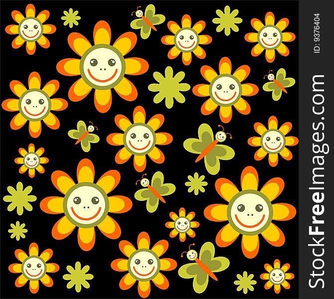 Pattern with cartoon flowers on a black background. Pattern with cartoon flowers on a black background.