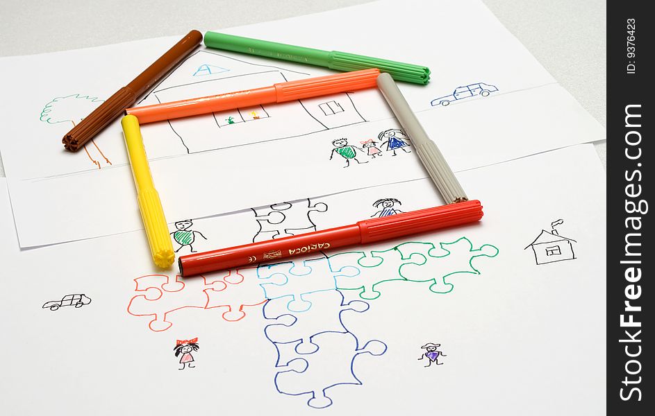 Kid's illustration. home earth and keys. elt-tip pen. Kid's illustration. home earth and keys. elt-tip pen