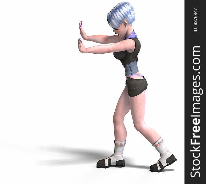 Female scifi heroine pushing something With Clipping Path over white