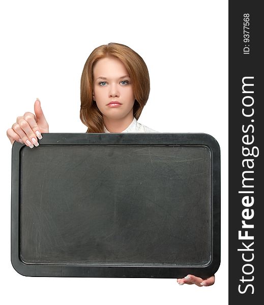 Woman showing black board  isolated over white