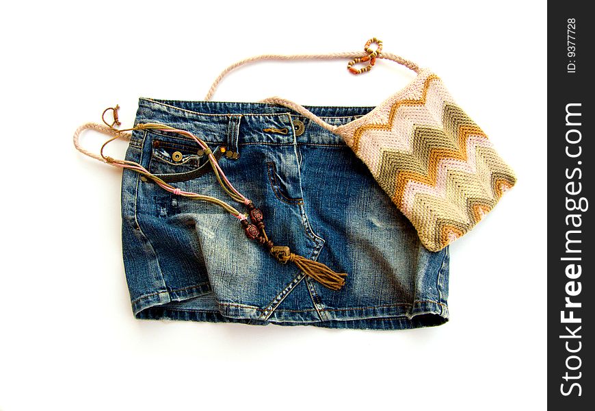 Complete Set of jeans skirt, bag and embellishment. Complete Set of jeans skirt, bag and embellishment