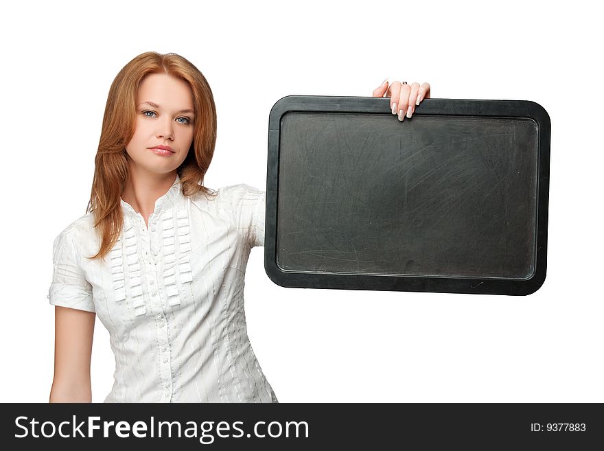 Pretty woman holding black board isolated over white