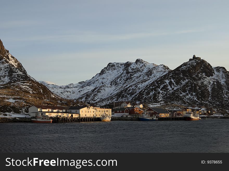 The small village of Stoe, Norway, at sunset. The small village of Stoe, Norway, at sunset.