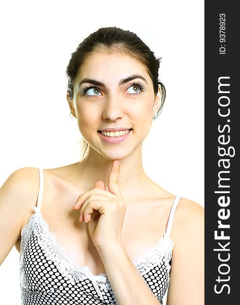 Portrait of a beautiful young thoughtful woman against white background. Portrait of a beautiful young thoughtful woman against white background