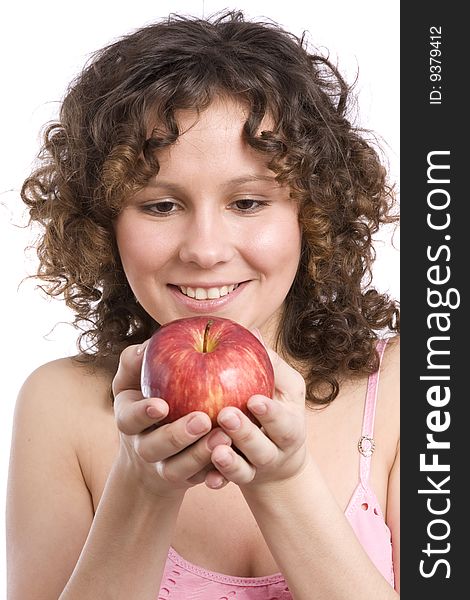 Woman with apple. Attractive girl is holding apple. Isolated over white.