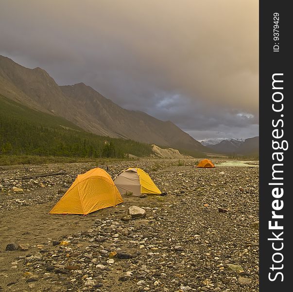 Wilderness camping along the Wokkpash River in northern British Columbia, Canada