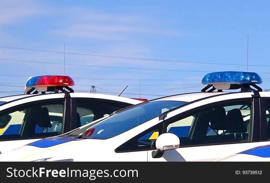 Police Cars With Sirens Red And Blue Color