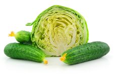 Ripe Cabbage And Cucumbers Isolated On White Royalty Free Stock Image
