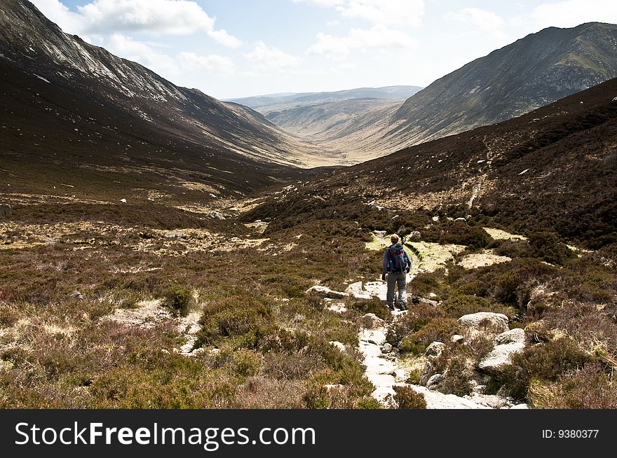 Woman walker with trekking poles on path in the mountains. Woman walker with trekking poles on path in the mountains