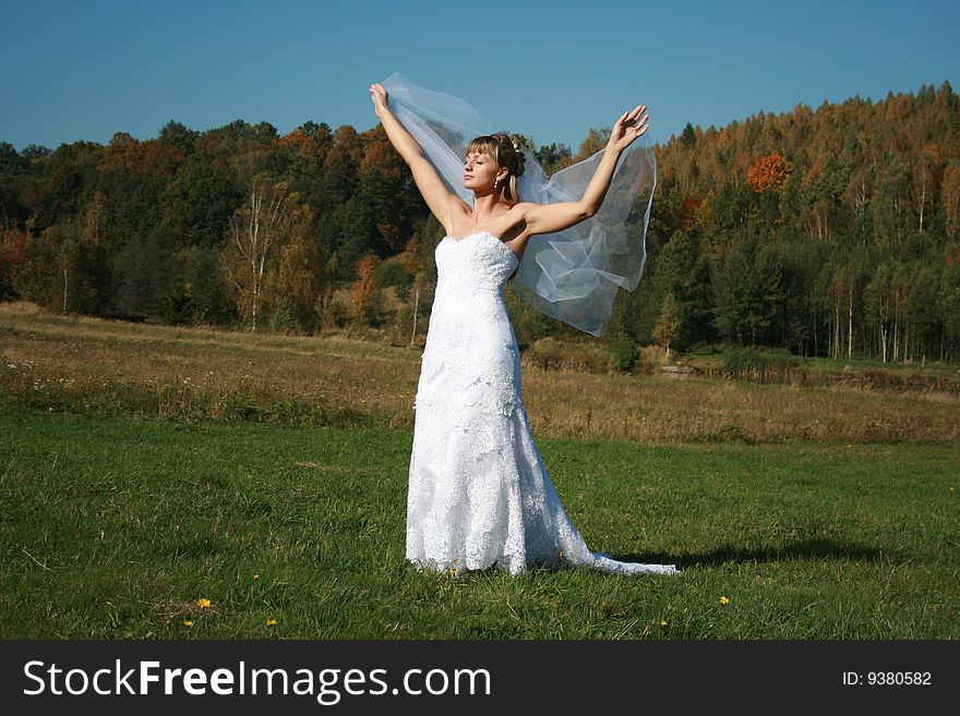 Bride With Bridal Veil Flying Walking In Grass